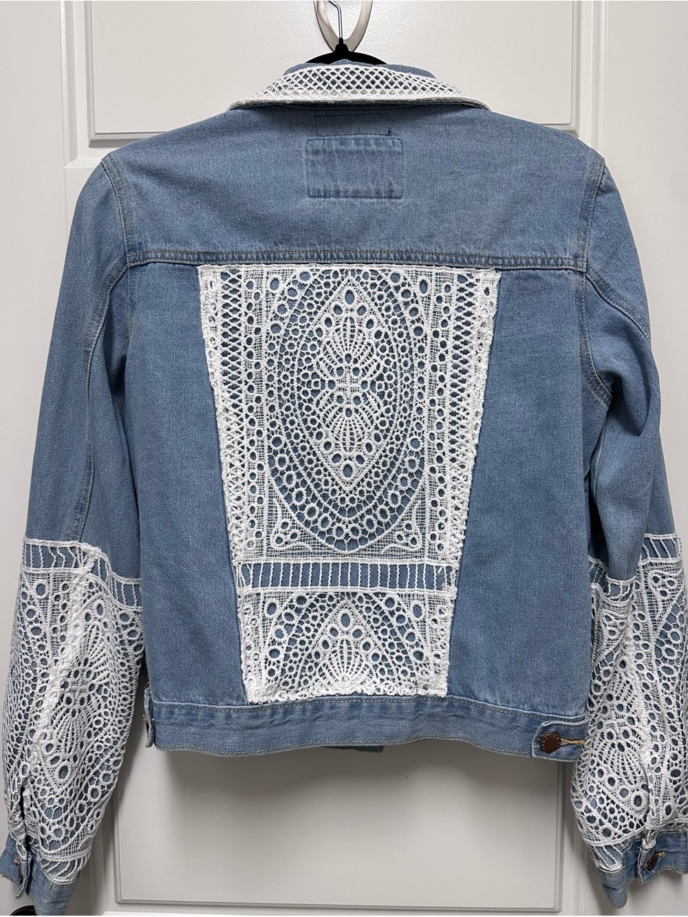 Upcycled Light Blue Denim Jacket with White Lace Accents - Picture 2 of 2
